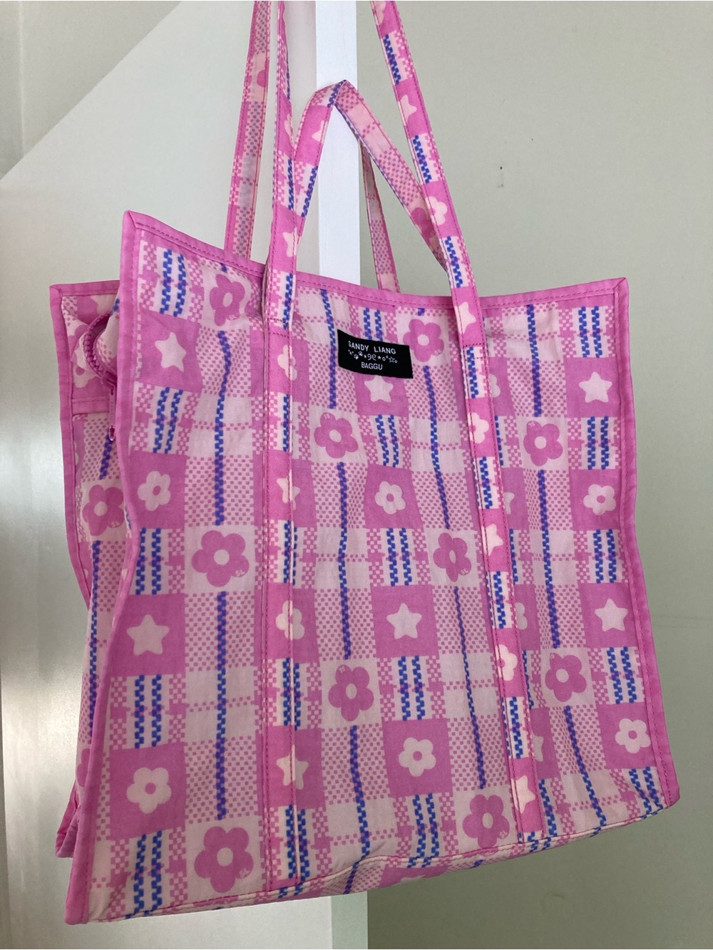 Baggu x Sandy Liang Pink Plaid Large Market Tote